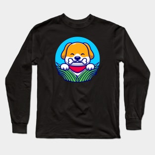 Cute Dog Eating Bone On Grass Cartoon Long Sleeve T-Shirt